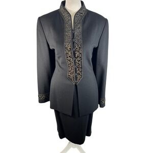 Kasper for ASL Black Wool Skirt Suit Gold Embroidered Band Collar 8 New